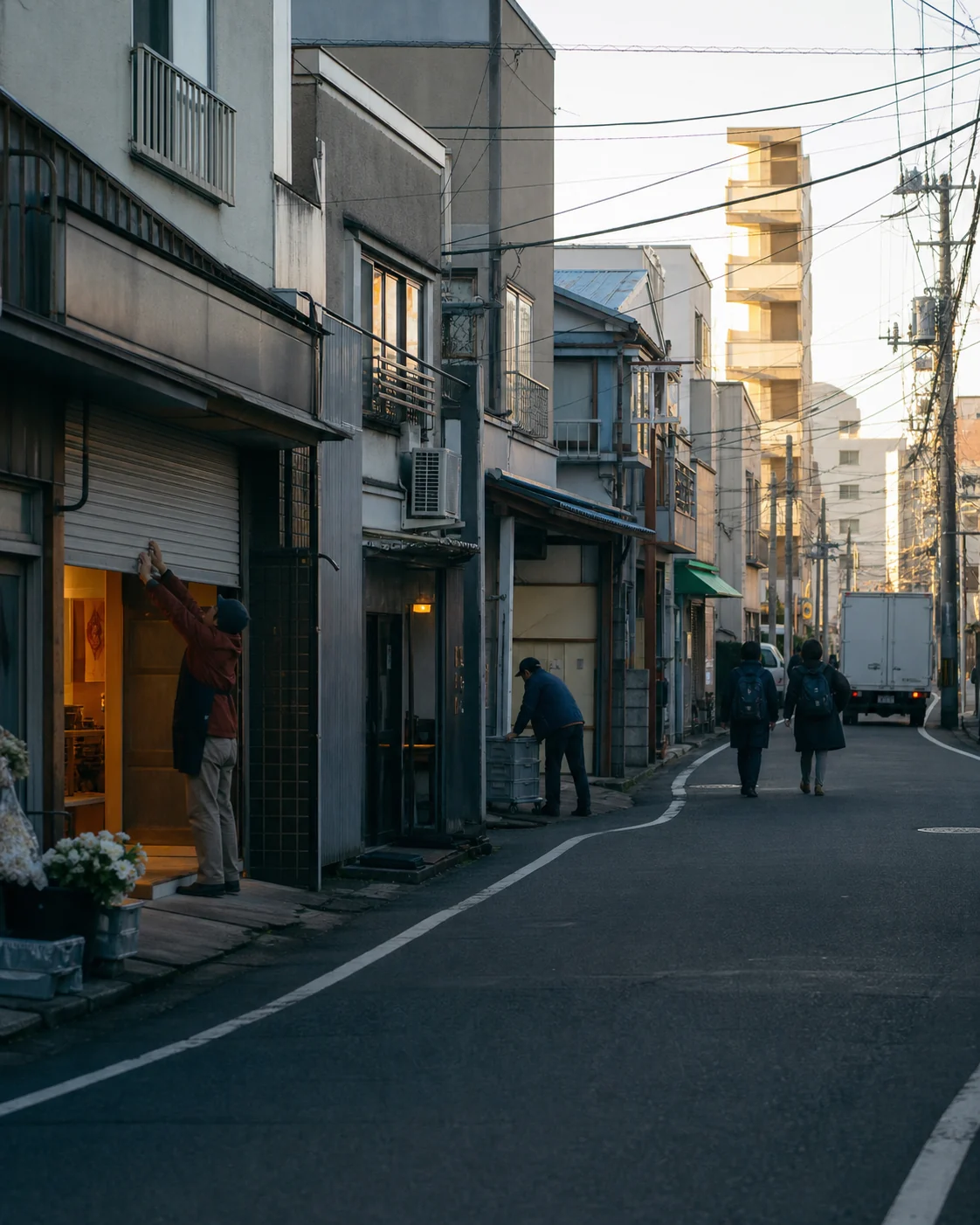 朝、さまざまな仕事が始まる地域の通り